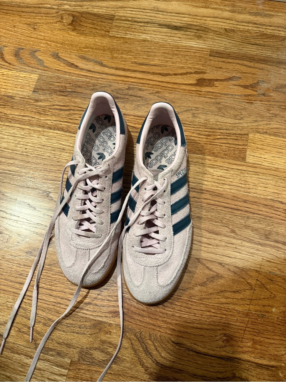 adidas Women's Suede Sneakers in Pale Pink with Navy Stripes